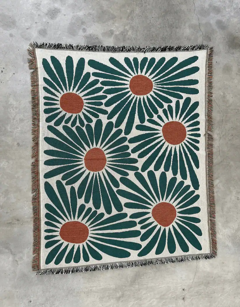 Vibrant floral patterned rug with large daisy motifs in teal and terracotta, perfect for modern home decor and adding aesthetic appeal to living spaces. Ideal for stylish interior design.