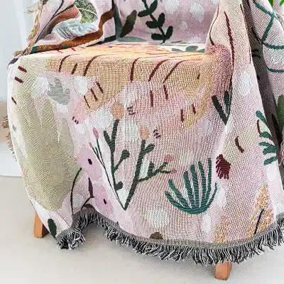 Linen tablecloth with colorful floral botanical pattern, perfect for home decor and table setting, available at Monalisa Store.