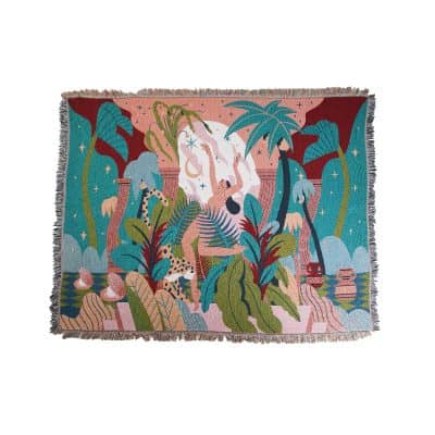 Vibrant jungle-themed tapestry with tropical plants, dreamy landscape, and artistic design, perfect for home decor or wall art from Monalisa Store.