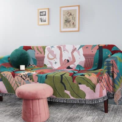 Vibrant modern sofa with artistic designs, perfect for stylish home decor and optometry clinics seeking an aesthetic touch.