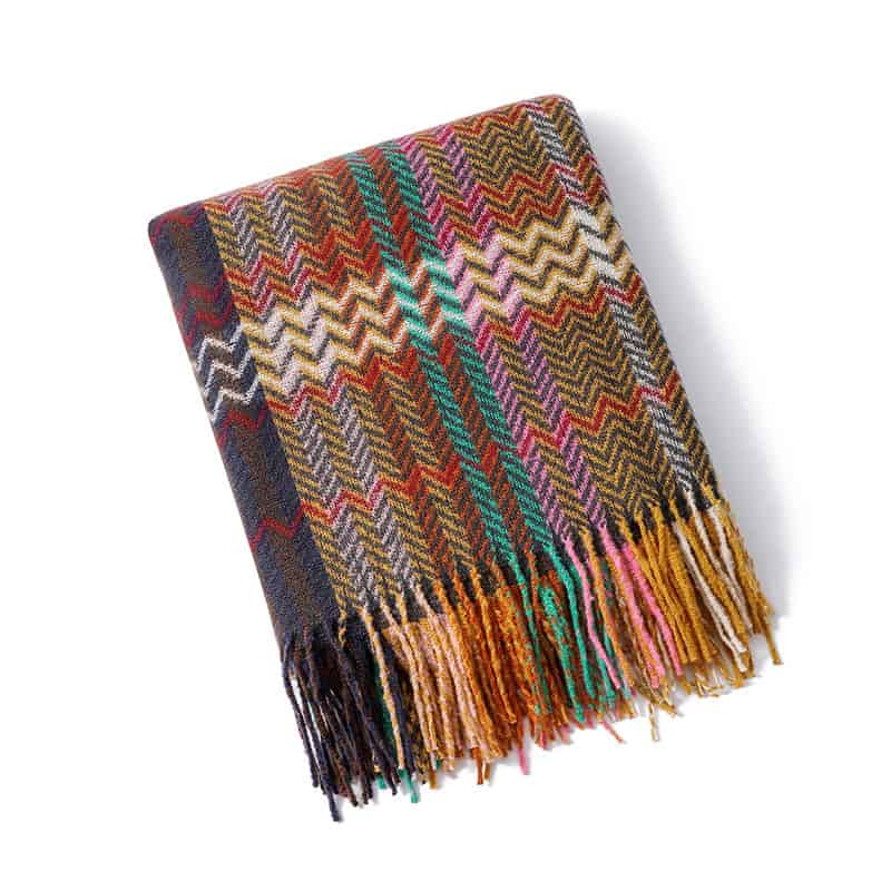 Colorful plaid scarf with fringe, perfect for fall and winter fashion accessories.