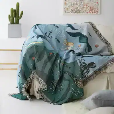 Luxury mermaid design throw blanket with ocean-themed print, perfect for home decor, cozy comfort, and stylish living spaces.