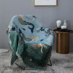 Luxury mermaid-themed throw blanket with ocean creatures and vibrant colors, perfect for home decor or gifting, available at Monalisa Store.