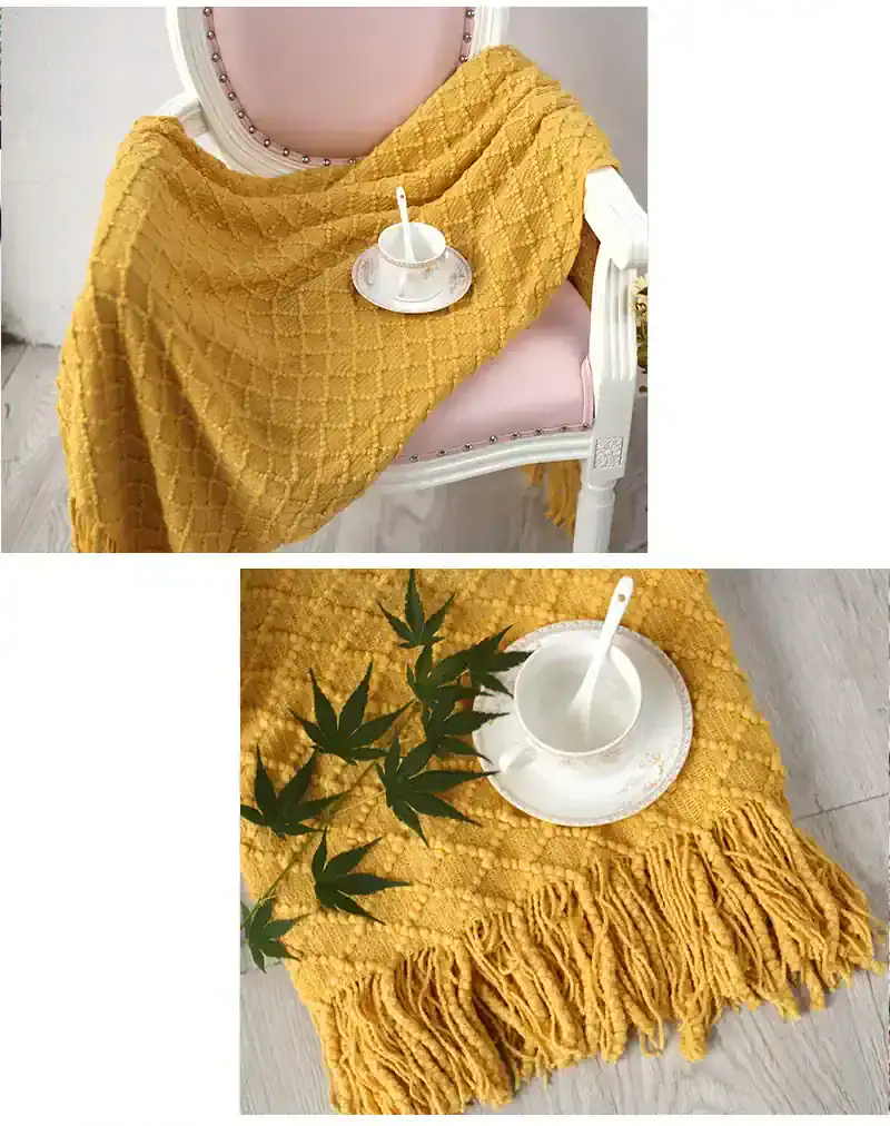 Soft mustard yellow textured throw blanket with fringe, perfect for cozy living room decor or bedding monalisa store.