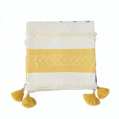 Handwoven Jewish Tallit with gold accents, tassels, and traditional embroidery, perfect for prayer and religious ceremonies, crafted with quality fabric for comfort and appearance.