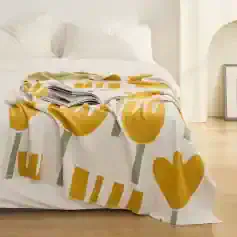 Luxury bedding set with abstract yellow and gray heart and stripe patterns on a white bed, modern bedroom decor, Monalisa Store opt for stylish home textiles and bedding collections.