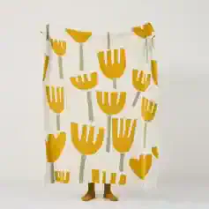 Yellow fork-shaped pattern fabric for home decor, catering, or kitchen design, modern and playful style.