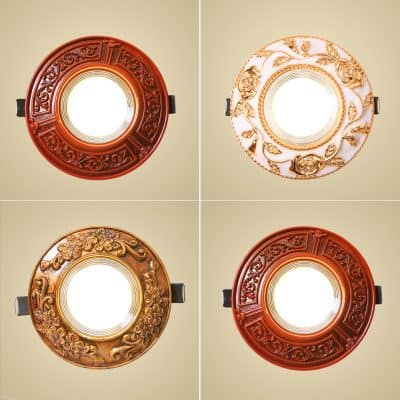 Intricately carved decorative ceiling light fixtures with floral and ornate patterns, perfect for elegant interior lighting designs, available at Monalisa Medical Store.