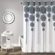 Elegant black and white patterned shower curtain with intricate floral medallion design, perfect for introducing sophistication to your bathroom decor.
