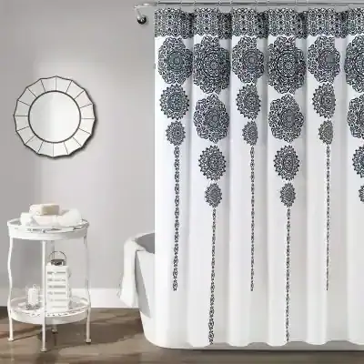 Elegant black and white patterned shower curtain with intricate floral medallion design, perfect for introducing sophistication to your bathroom decor.