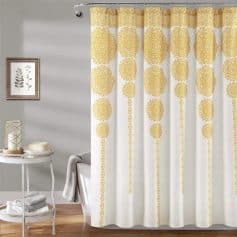 Elegant yellow and white decorative curtain with intricate pattern, perfect for enhancing bedroom or living room decor.