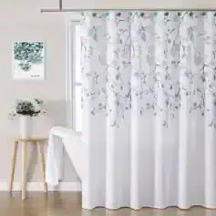 Light gray and white botanical patterned shower curtain with branches and leaves, designed for modern bathroom decor.