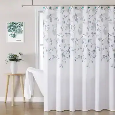 Light gray and white botanical patterned shower curtain with branches and leaves, designed for modern bathroom decor.