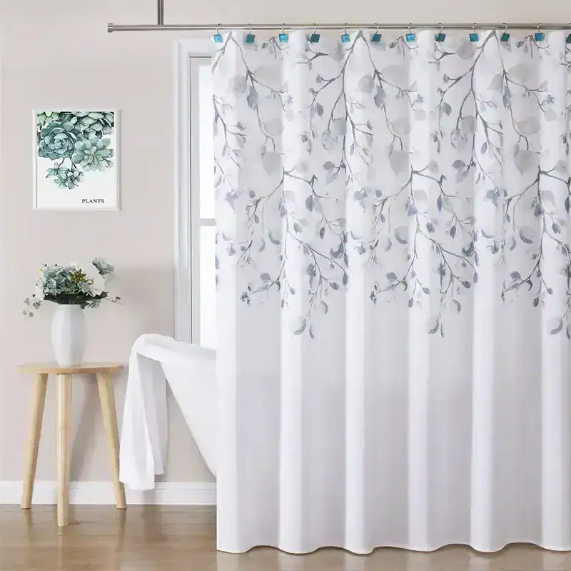 Light gray and white botanical patterned shower curtain with branches and leaves, designed for modern bathroom decor.
