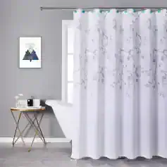 Soft white shower curtain with elegant gray floral pattern, ideal for modern bathroom decor. Made from durable, high-quality fabric for moisture resistance and privacy.