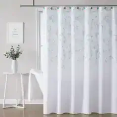 White floral shower curtain for bathroom decor, water-resistant fabric, elegant design, Monalisa Store.