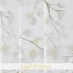White leaf printed curtain with delicate green and gray foliage for elegant home decor.