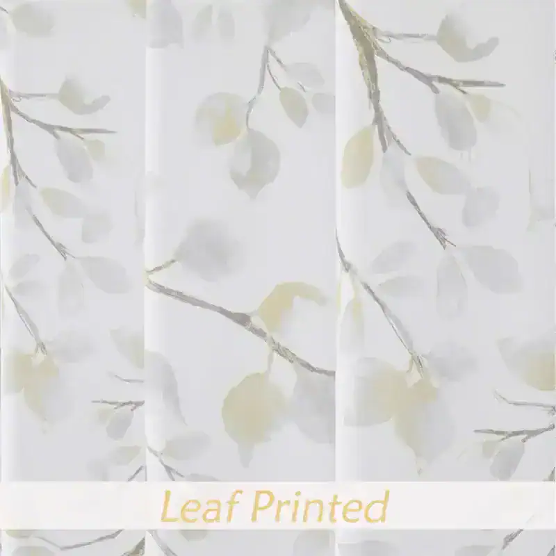 White leaf printed curtain with delicate green and gray foliage for elegant home decor.