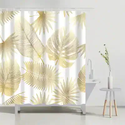 Luxurious botanical shower curtain featuring tropical leaves in soft gold tones, perfect for modern bathroom decor, adding elegance and a touch of nature-inspired style.