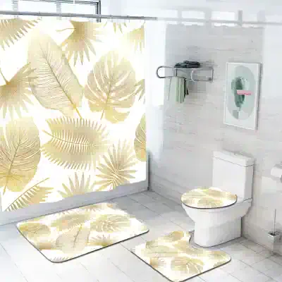 Tropical leaf bathroom accessories set - Monalisa Store, stylish tropical leaf patterned bathroom mats and shower curtain set for modern home decor, durable and soft fabric, easy to clean.