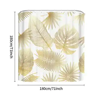 Lush tropical leaf shower curtain featuring gold and beige botanical designs, perfect for bathroom decor, adding elegance and style with durable waterproof fabric.