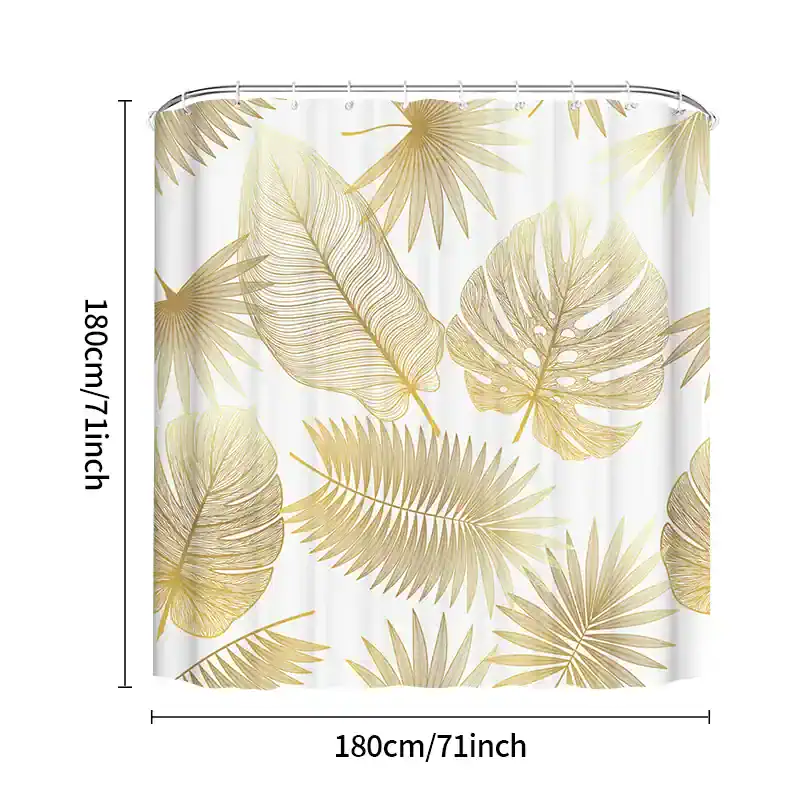 Lush tropical leaf shower curtain featuring gold and beige botanical designs, perfect for bathroom decor, adding elegance and style with durable waterproof fabric.