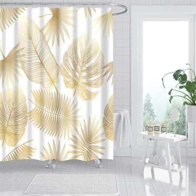 Golden tropical leaf shower curtain for stylish bathroom decor, perfect for tropical, botanical, and nature-inspired theme interior design.