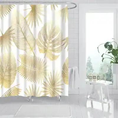 Vegan tropical leaf patterned shower curtain in beige and white, adds a fresh, natural aesthetic to bathrooms, perfect for resort or spa decor.