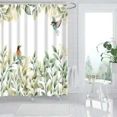 Bird-themed botanical shower curtain with green leaves and colorful bird illustrations, ideal for enhancing bathroom decor.