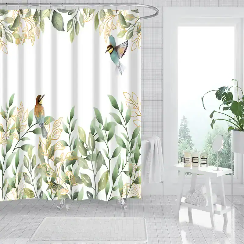 Bird-themed botanical shower curtain with green leaves and colorful bird illustrations, ideal for enhancing bathroom decor.