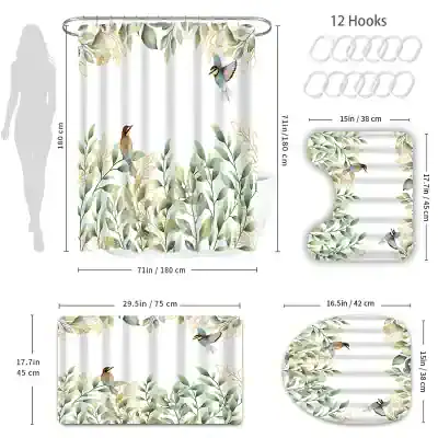 Elegant botanical-themed Shower Curtain with hummingbird and leaf design, durable fabric, and easy installation hooks for a refreshing bathroom decor.