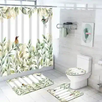 Elegant bathroom shower curtain with bird and leaf pattern, matching bath rugs and toilet lid cover, creating a fresh, nature-inspired look for Monalisa Store.