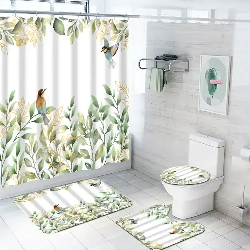 Elegant bathroom shower curtain with bird and leaf pattern, matching bath rugs and toilet lid cover, creating a fresh, nature-inspired look for Monalisa Store.