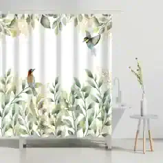 Vibrant botanical shower curtain with birds, green leaves, and gold accents, perfect for modern bathrooms, adding a touch of nature and elegance to your home decor.