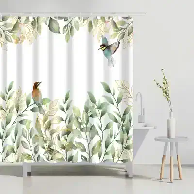Vibrant botanical shower curtain with birds, green leaves, and gold accents, perfect for modern bathrooms, adding a touch of nature and elegance to your home decor.