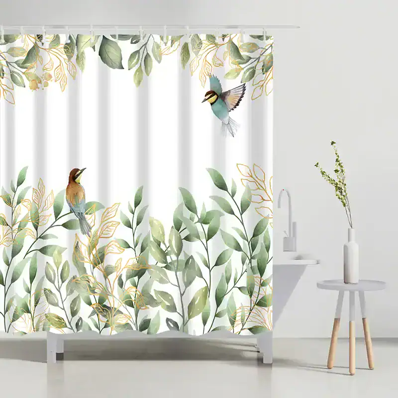 Vibrant botanical shower curtain with birds, green leaves, and gold accents, perfect for modern bathrooms, adding a touch of nature and elegance to your home decor.