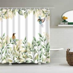 Curtain with botanical and bird design, Monalisa store bathroom shower curtain, nature-inspired home decor, eco-friendly fabric, elegant window treatment, bathroom accessories, decorative curtains, healthy living design.
