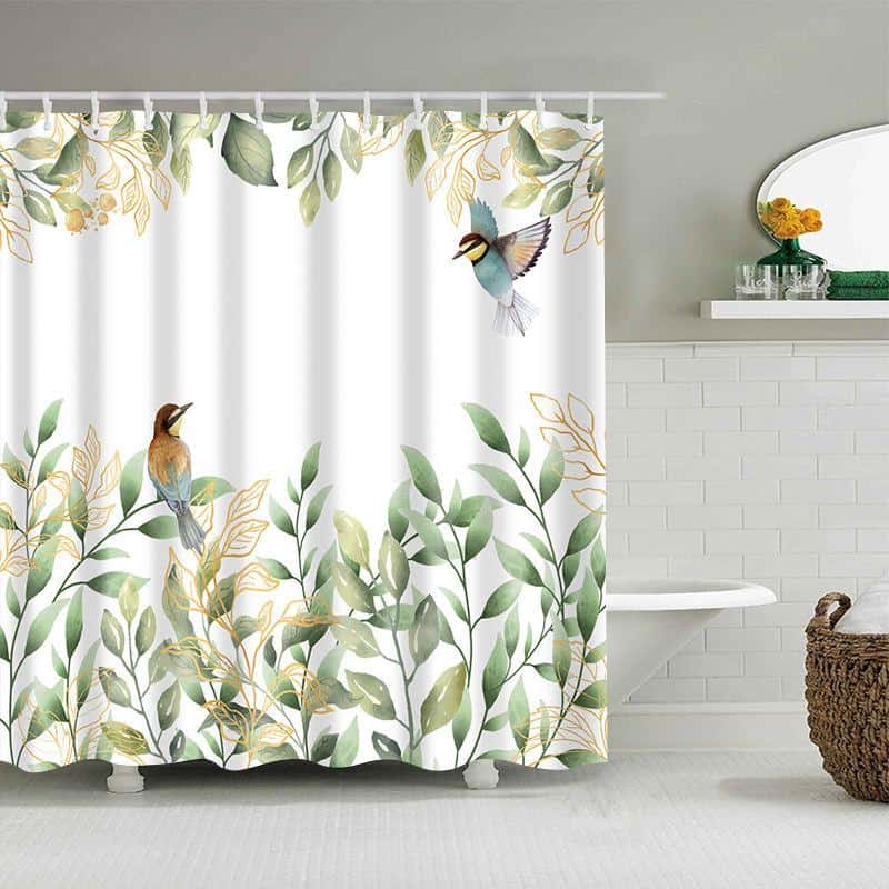 Curtain with botanical and bird design, Monalisa store bathroom shower curtain, nature-inspired home decor, eco-friendly fabric, elegant window treatment, bathroom accessories, decorative curtains, healthy living design.