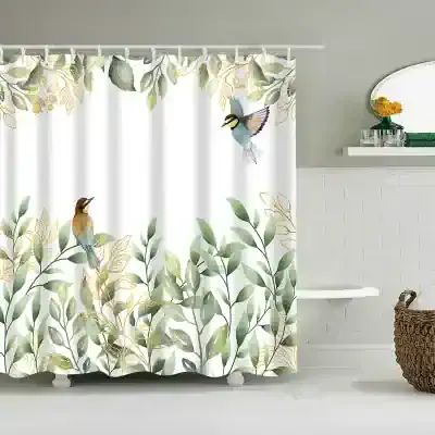 Vivid botanical shower curtain featuring birds and leaves, adding a natural and relaxing touch to your bathroom decor.