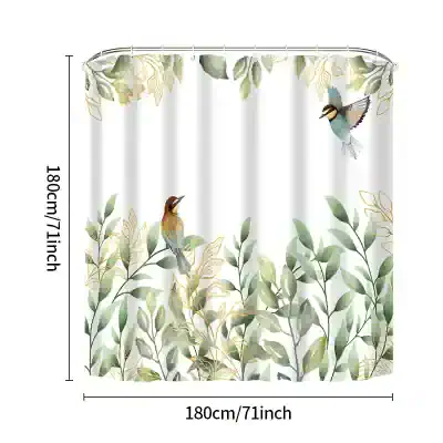 Elegant botanical shower curtain with illustrated birds and lush green foliage for bathroom decor, featuring a refreshing nature-inspired design from Monalisa Store.