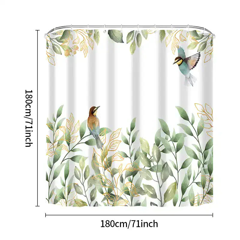 Elegant botanical shower curtain with illustrated birds and lush green foliage for bathroom decor, featuring a refreshing nature-inspired design from Monalisa Store.