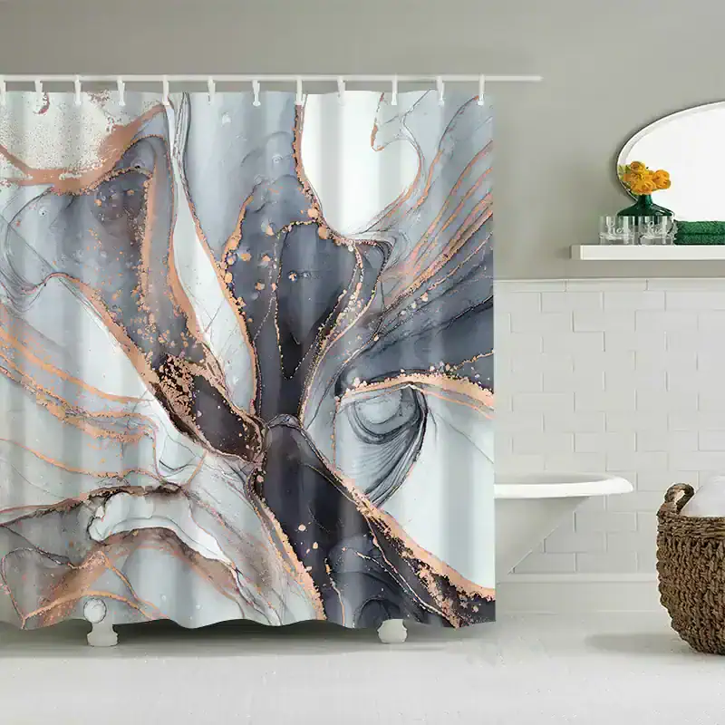 Vibrant marble-patterned shower curtain with gold accents, perfect for modern bathrooms. Stylish, waterproof, and easy to clean, adding elegance and sophistication to your home decor.