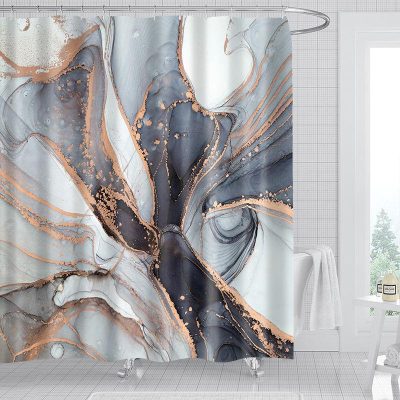Marble pattern shower curtain with abstract design in shades of blue, gray, and copper for modern bathroom decor, offering a stylish and elegant look.