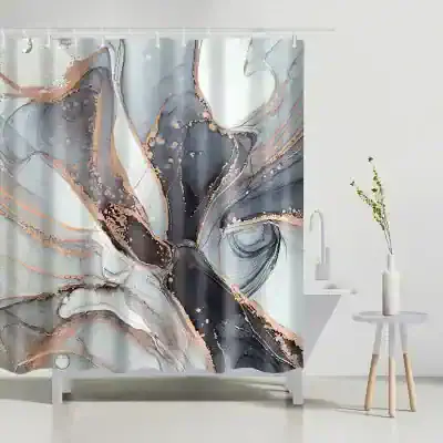 Vibrant abstract marble pattern shower curtain with gold accents, perfect for modern bathroom decor. Stylish marbling design adds elegance and sophistication to any bathroom space.