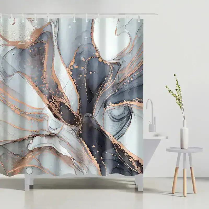 Vibrant abstract marble pattern shower curtain with gold accents, perfect for modern bathroom decor. Stylish marbling design adds elegance and sophistication to any bathroom space.