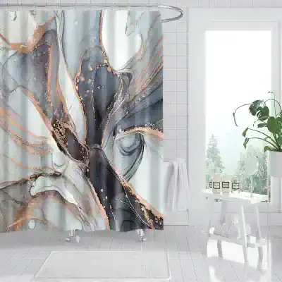 Vibrant abstract shower curtain with black, white, and rose gold accents, perfect for modern bathroom decor.