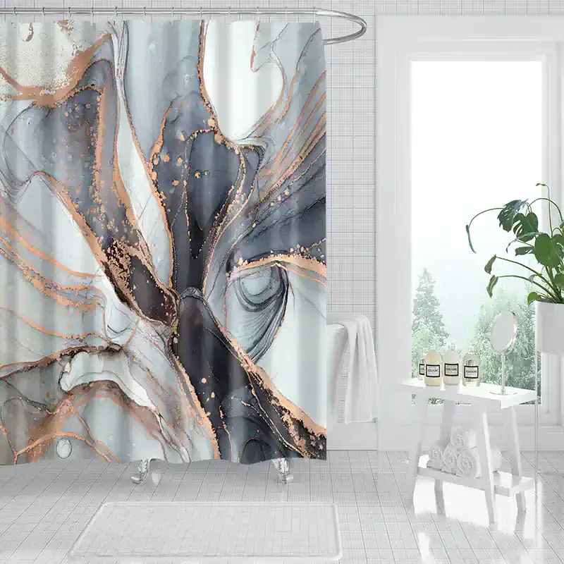 Vibrant abstract shower curtain with black, white, and rose gold accents, perfect for modern bathroom decor.