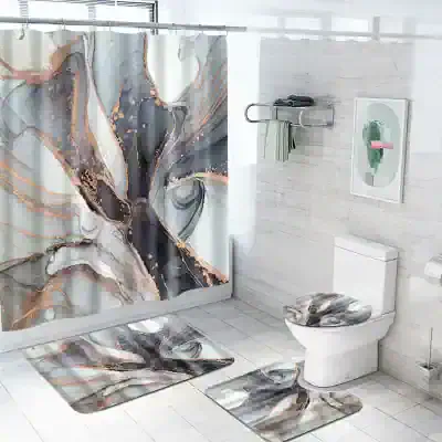 Vibrant marble-patterned bathroom accessories, including a shower curtain, toilet seat cover, and rugs, featuring abstract gray, black, white, and gold tones for a luxurious and modern look.