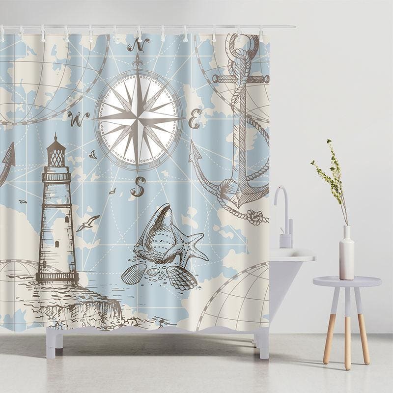 Seaside nautical-themed shower curtain featuring a lighthouse, starfish, compass, and anchor design for bathroom decor.