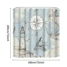 Lighthouse, nautical compass, anchor, starfish and ocean map design curtain for seaside home décor, ideal for marine-themed interior spaces and maritime lovers.